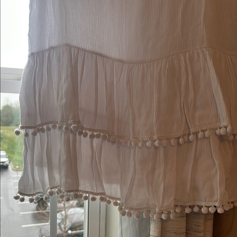 White Short Sleeve Dress with Pom Pom Trim - Picture 2 of 3